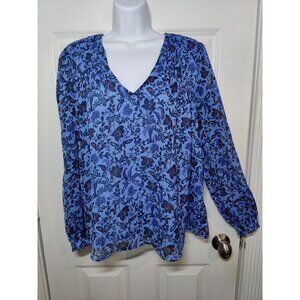 Old Navy Blue Floral Boho Peasant V-Neck Pleated Blouse Top Long Sleeve M